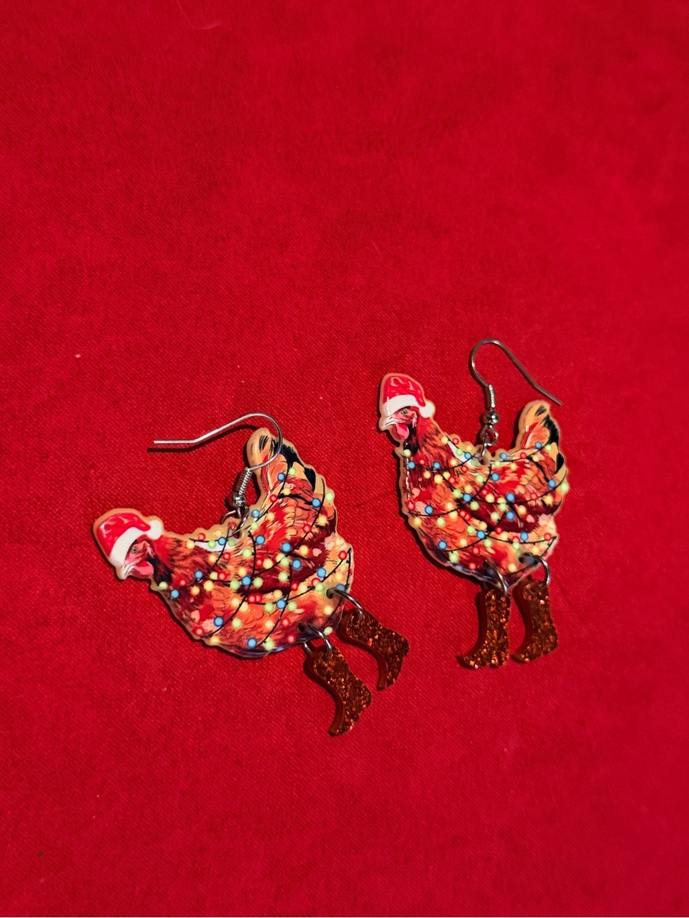 Christmas Playful Red Chicken Dangle Earrings with Festive Bead Detail